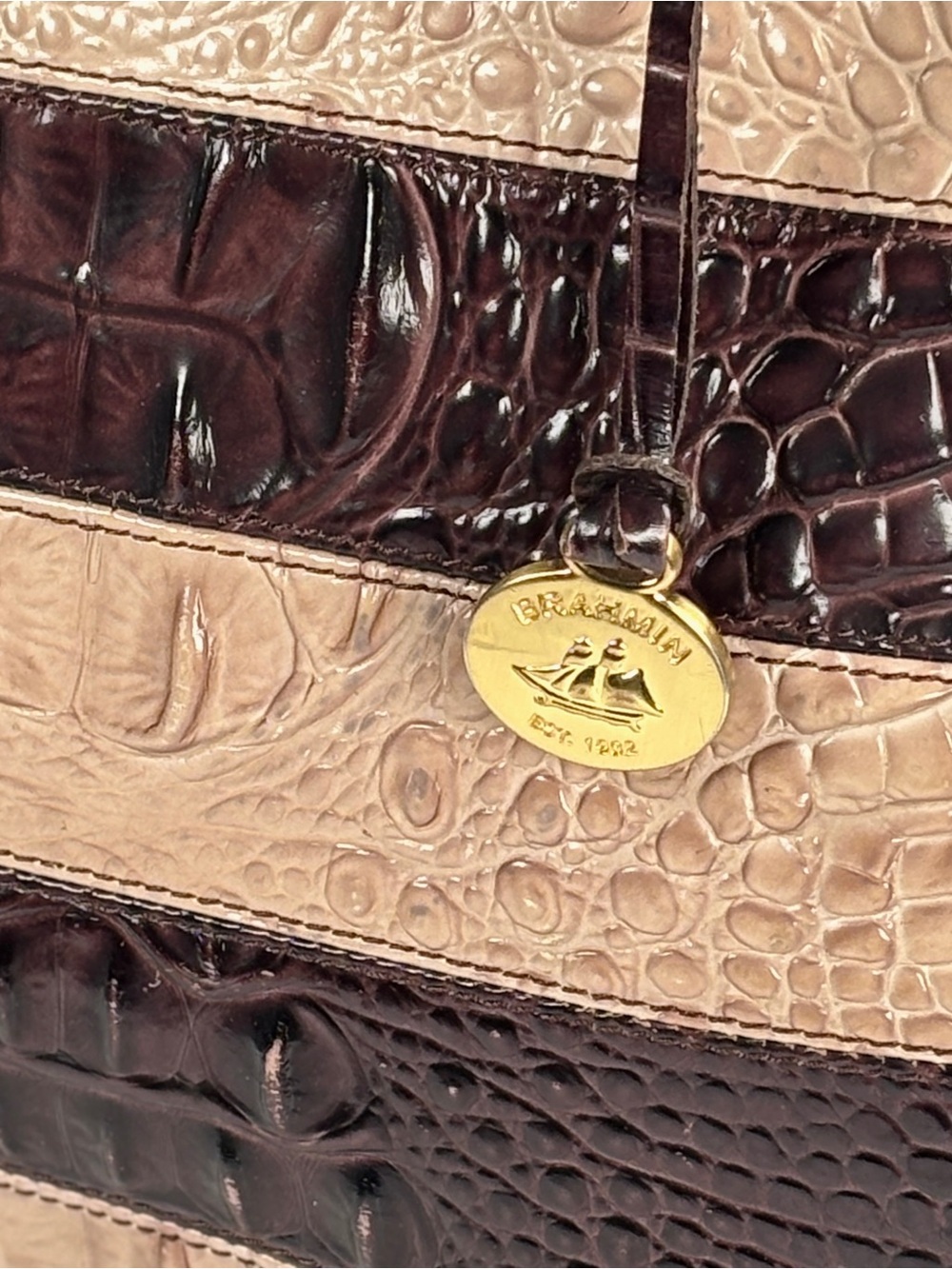 Brahmin Striped Dome Croc-Embossed Satchel Bag in Dark Brown and Beige - Picture 13 of 16